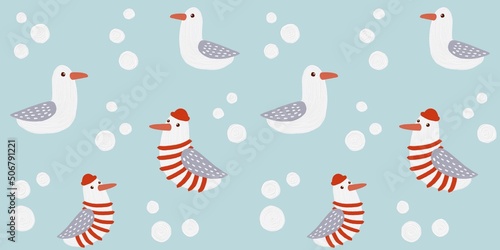Seamless pattern with cute cartoon seagulls. Nautical hand drawn oil illustration for kids. Cartoon flat marine background