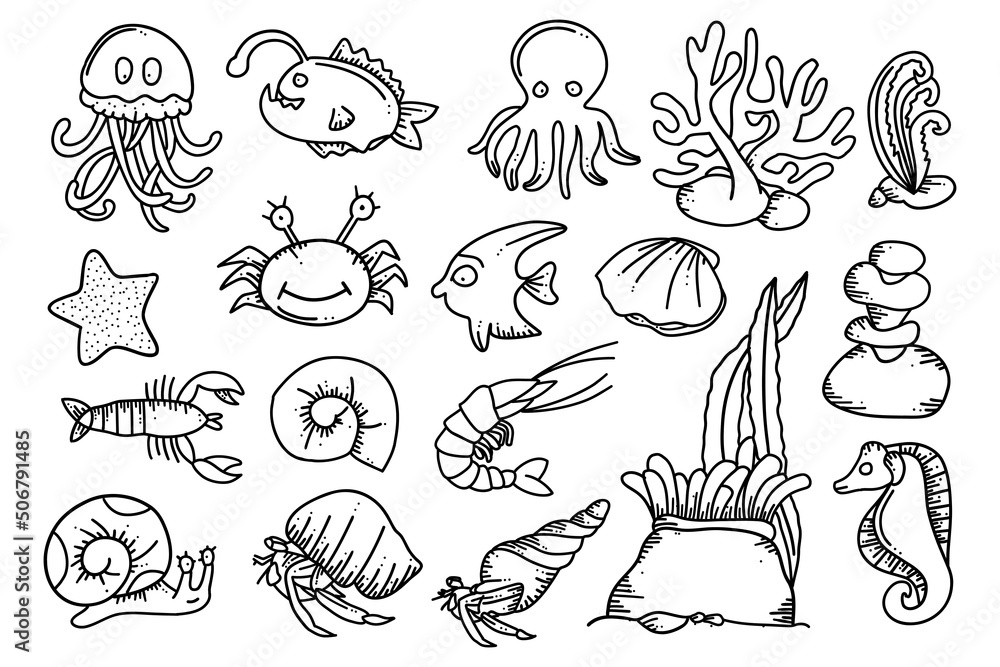 doodle design sea animal collection underwater creatures