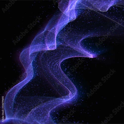 Abstract luminous background of transparent relief soaring waves with glitter, purple and blue