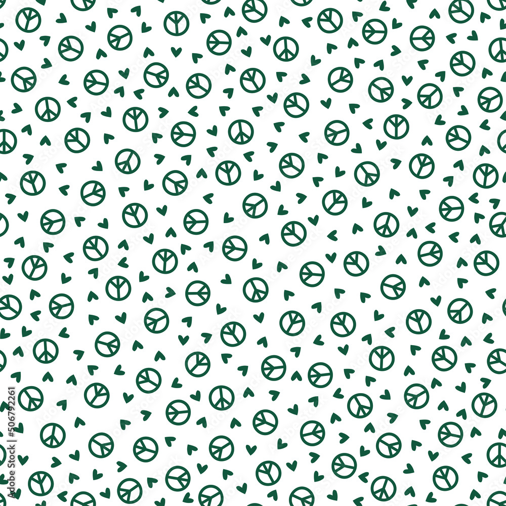 Seamless pattern with green hearts and peace sign.