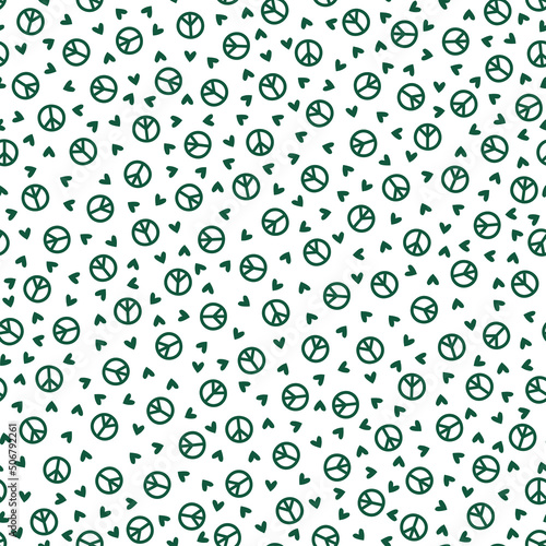 Seamless pattern with green hearts and peace sign.