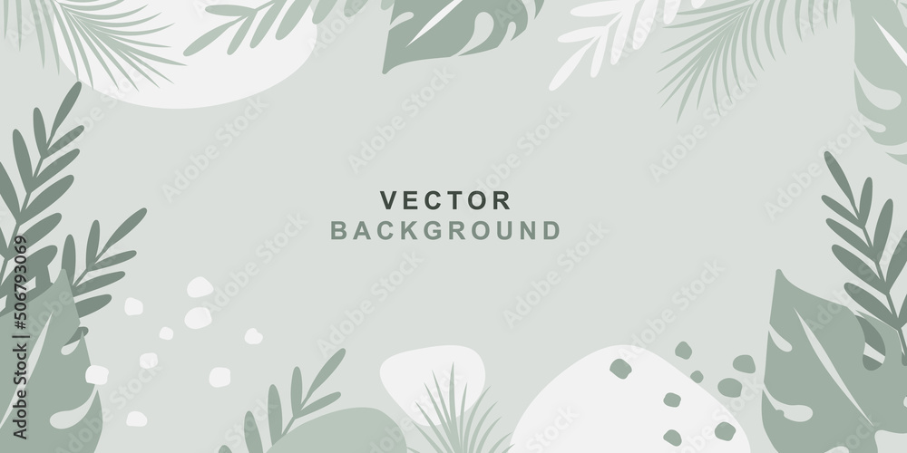 Summer background, vector frame with abstract green shapes and leaves. Horizontal template in simple trendy flat style with place for text for greeting cards, banners and wallpapers  