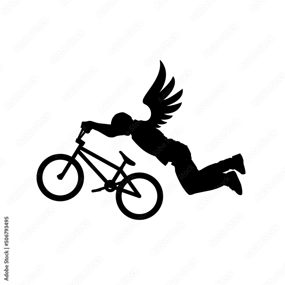 Vector black silhouette of a flying figure on a bicycle with wings. Isolated on white background.