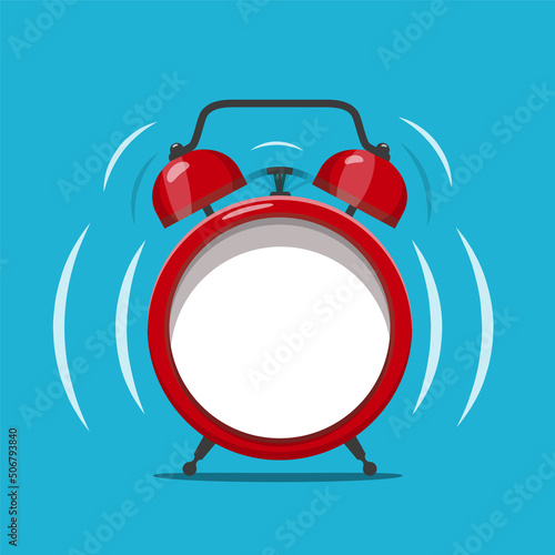 Analog ringing red alarm clock mockup with empty display on blue background - vector