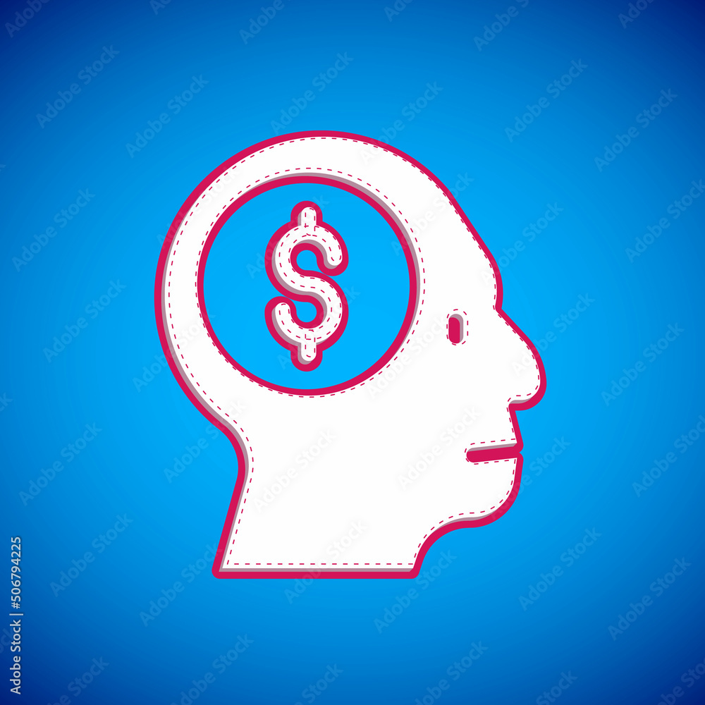 White Business man planning mind icon isolated on blue background. Head with dollar. Idea to earn money. Business investment growth. Vector White Business man planning mind icon isolated on blue background. Head with dollar. Idea to earn money. Business investment growth. Vector