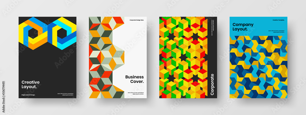 Clean postcard design vector concept set. Trendy mosaic pattern corporate brochure illustration bundle.