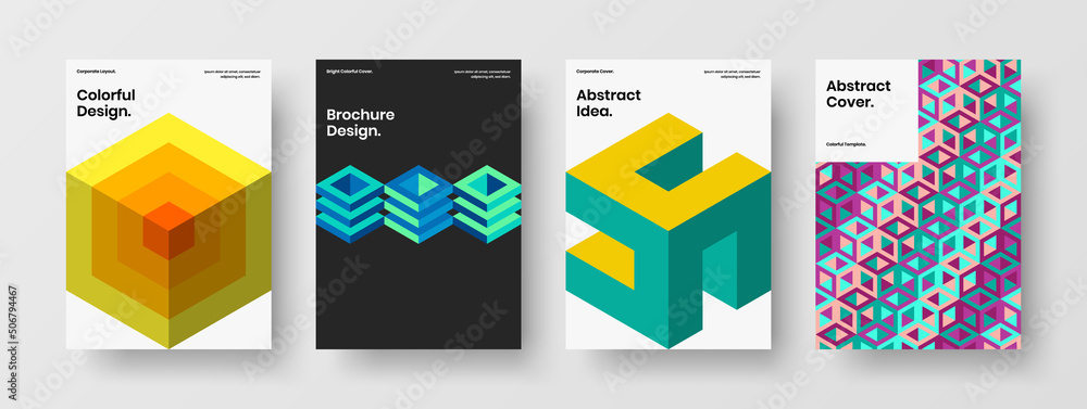 Bright geometric shapes magazine cover illustration set. Amazing company brochure vector design template bundle.