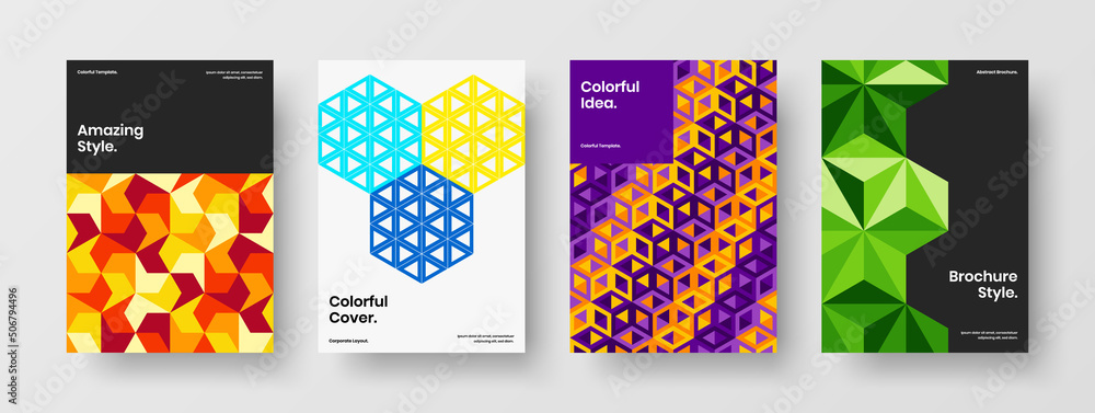Fototapeta premium Bright leaflet design vector template bundle. Premium geometric tiles postcard illustration set.