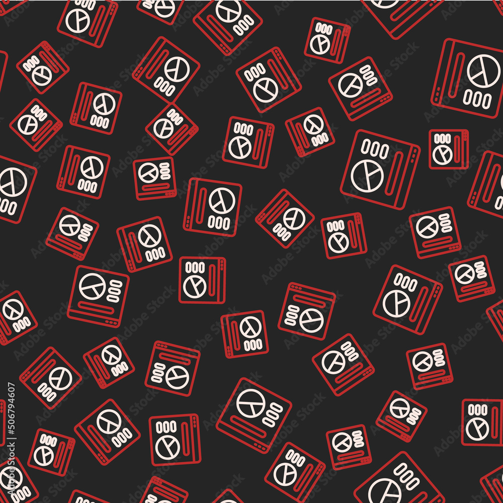 Line Pie chart infographic icon isolated seamless pattern on black background. Diagram chart sign. Vector