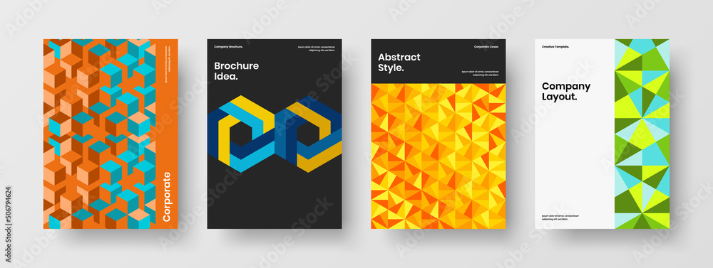 Fototapeta premium Fresh postcard vector design illustration bundle. Abstract mosaic hexagons booklet template set.