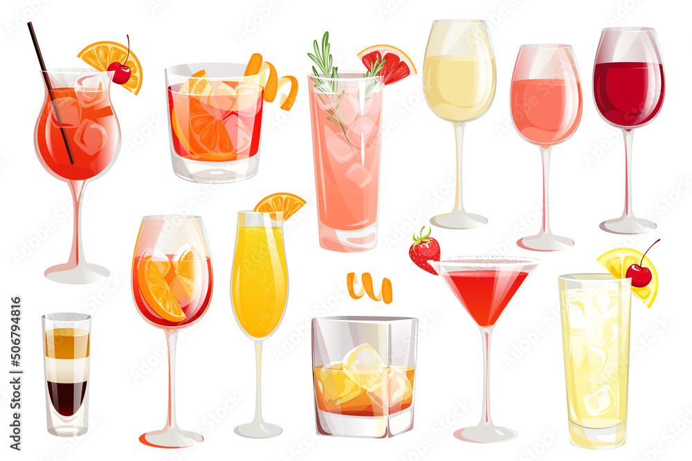 A set of summer alcoholic cocktails.Aperol Spritz, B-52, Negroni, Bahama Mama. glasses of wine, whiskey, Tom Collins, Paloma.martini with strawberries. - obrazy, fototapety, plakaty 