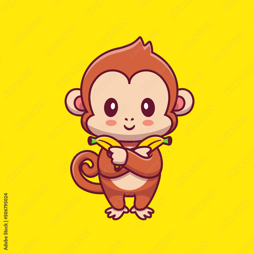 Cute Monkey Holding Banana Cartoon Vector Icon Illustration. Animal Food Icon Concept Isolated Premium Vector. Flat Cartoon Style