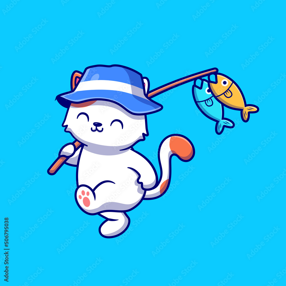 Cute Cat Fishing With Rods And Hat Cartoon Vector Icon