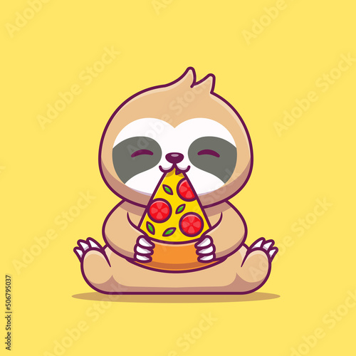 Cute Sloth Eating Pizza Cartoon Vector Icon Illustration. Animal Food Icon Concept Isolated Premium Vector. Flat Cartoon Style