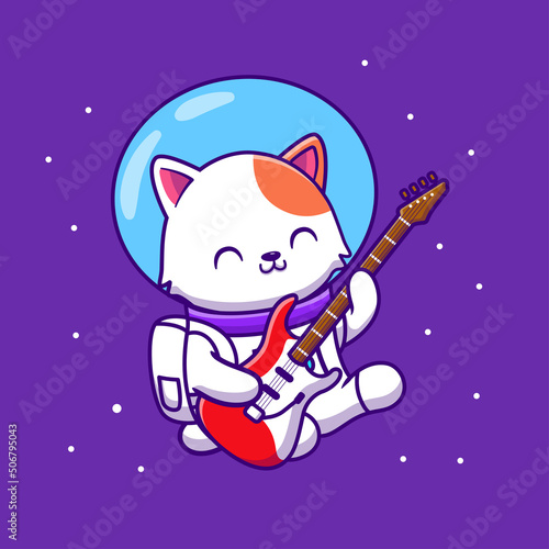 Cute Astronaut Cat Playing Guitar Cartoon Vector Icon Illustration. Animal Technology Icon Concept Isolated Premium Vector. Flat Cartoon Style