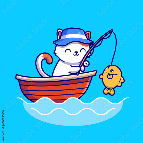 Cute Cat Fishing In The Sea On Boat Cartoon Vector Icon Illustration. Animal Recreation Icon Concept Isolated Premium Vector. Flat Cartoon Style