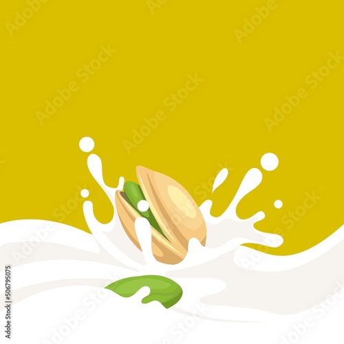 Vector illustration of a pistachio in a shell with milk splashes. Natural organic food and drink. Design elements for packaging, advertising, etc.
