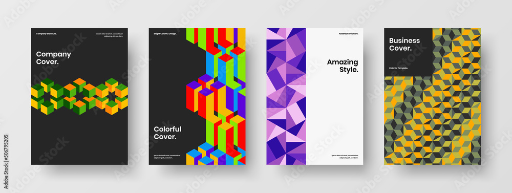 Fototapeta premium Colorful mosaic tiles handbill template set. Amazing flyer A4 design vector illustration bundle.