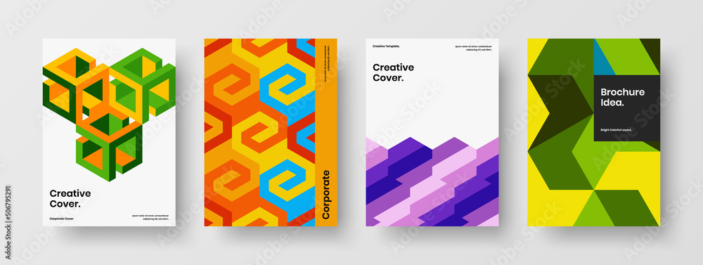 Minimalistic cover design vector template set. Creative mosaic hexagons company identity layout collection.