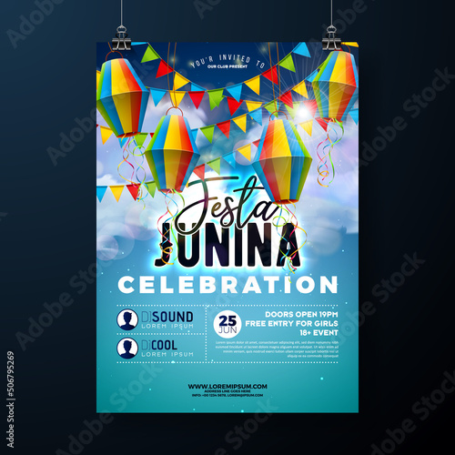 Festa Junina Party Flyer Illustration with Paper Lantern and Flag on Blue Cloudy Sky Background. Vector Brazil June Sao Joao Festival Design for Invitation or Holiday Celebration Poster.