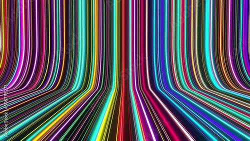 Abstract futuristic animation colorful neon lines are moving forward through the trail by the lighting speed motion background. Creative graphic backdrop and speed motion on the neon glowing concept. photo