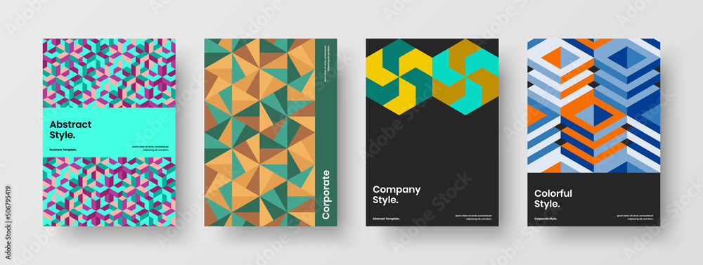 Original book cover vector design layout set. Multicolored geometric pattern corporate brochure illustration bundle.
