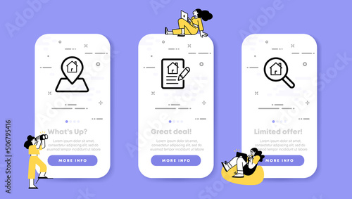 Accommodation search set icon. Magnifier, location, map, house, contract, agreement. Business concept. UI phone app screens with people. Vector line icon for Business and Advertising