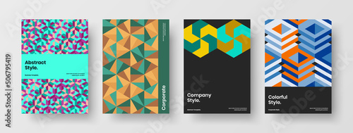 Original book cover vector design layout set. Multicolored geometric pattern corporate brochure illustration bundle.