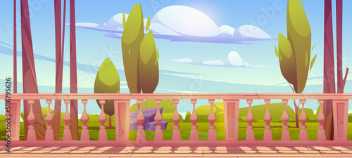 House terrace with white marble balustrade and view to backyard or garden. Vector cartoon illustration of empty building veranda or patio with banister with pillars in classic style and park landscape