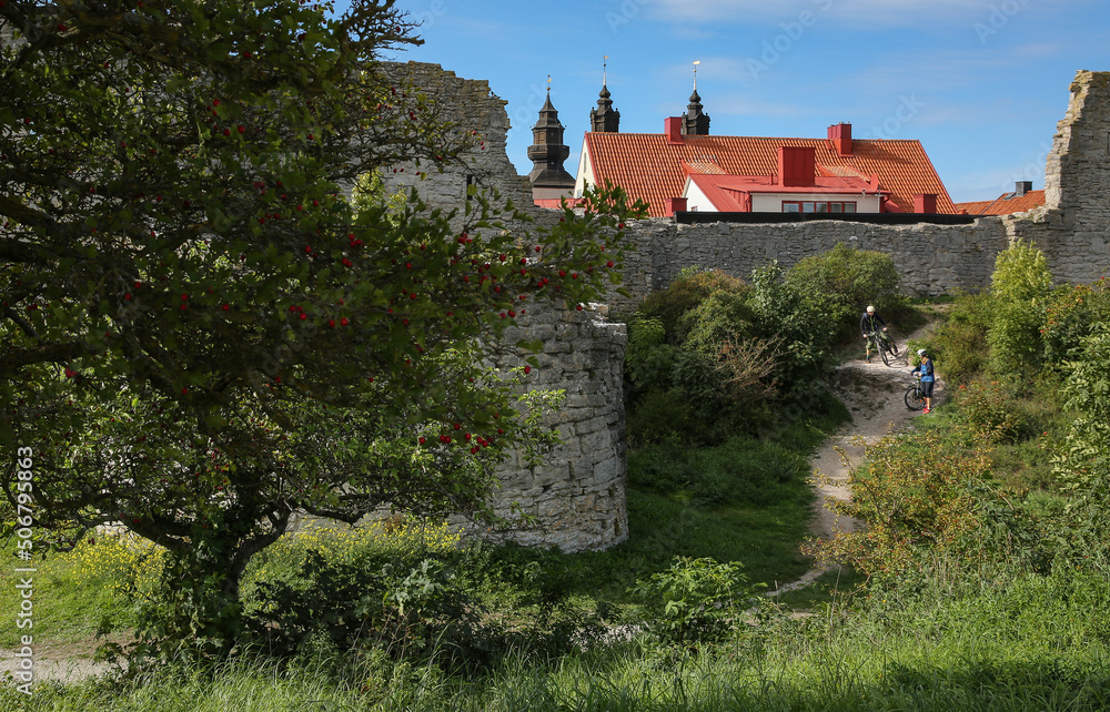 Bicycle trip around Visby City Wall, Gotland Sweden.