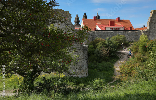 Bicycle trip around Visby City Wall, Gotland Sweden.