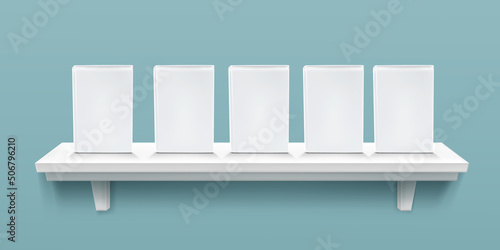Bookshelf with blank paper book with white cover. Vector realistic mock up for shop or library, 3d standing closed catalog, big textbook, diary or dictionary with empty hardcover