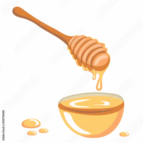 Fresh honey. Honey dripping from a wooden honey dipper on cup isolated on white background. Hand drawn vector illustration
