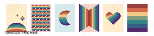 Retro 70s geometric cover set. Vintage rainbow color lines poster. Striped abstract background vector set. 