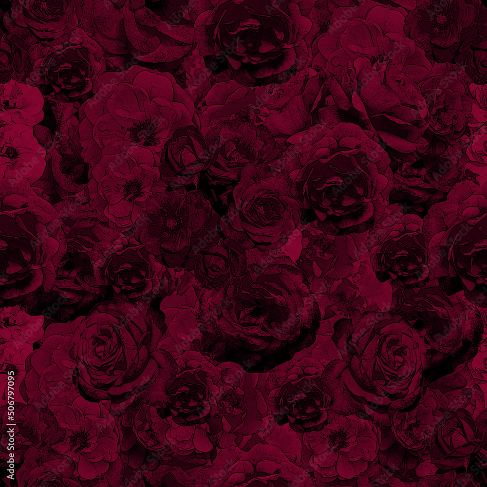 Seamless pattern with flowers of roses. Burgundy saturated background. Seamless pattern with flowers of roses. Burgundy saturated background.
