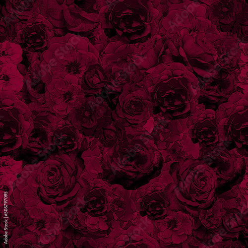 Seamless pattern with  flowers of roses. Burgundy saturated background.