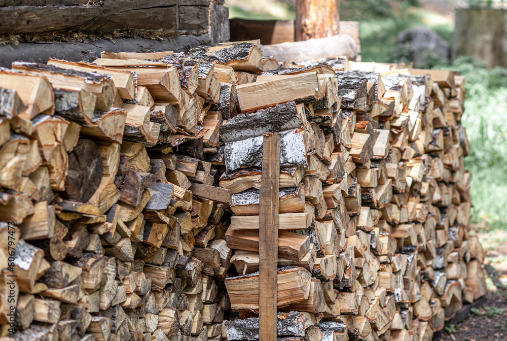firewood background of chopped wood for kindling and heating the house Close-up. a woodpile with stacked firewood. the texture of the birch tree. banner firewood background of chopped wood for kindling and heating the house Close-up. a woodpile with stacked firewood. the texture of the birch tree. banner
