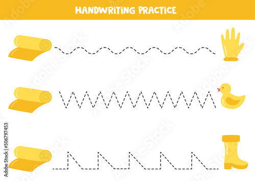 Tracing lines with rubber materials. Writing practice.