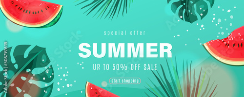 Summer sale vector background with watermelon slices, palm monstera