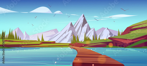 River with wooden bridge in mountain valley. Vector cartoon illustration of summer landscape with green grass, firs, lake or pond with old wood pier and rocks on horizon