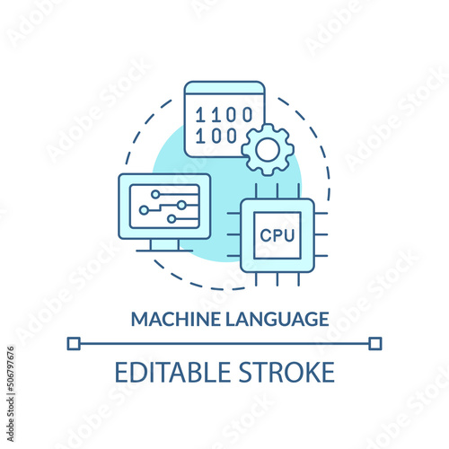 Machine language turquoise concept icon. Object code. Type of computer language abstract idea thin line illustration. Isolated outline drawing. Editable stroke. Arial, Myriad Pro-Bold fonts used