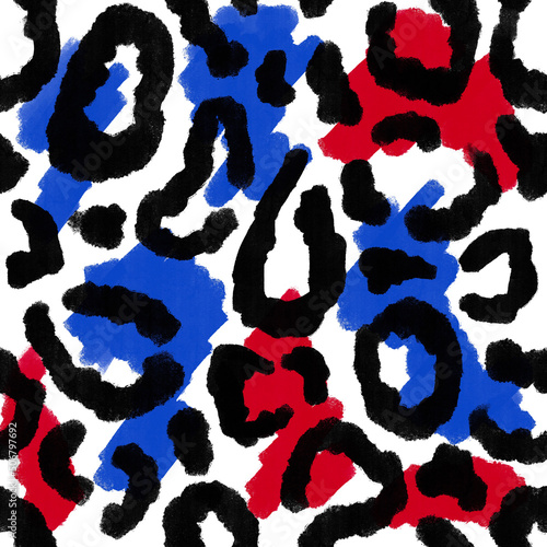 Seamless hand drawn pattern with patriotic leopard cheetah background. American US 4th fourth of July independence day fabric print. Blue red white design for party celebration fashion textile.