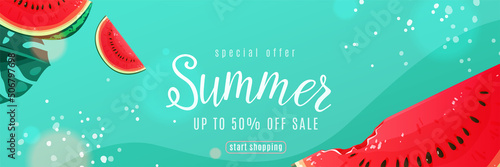 Summer sale vector banner with watermelon slices, palm monstera leaves