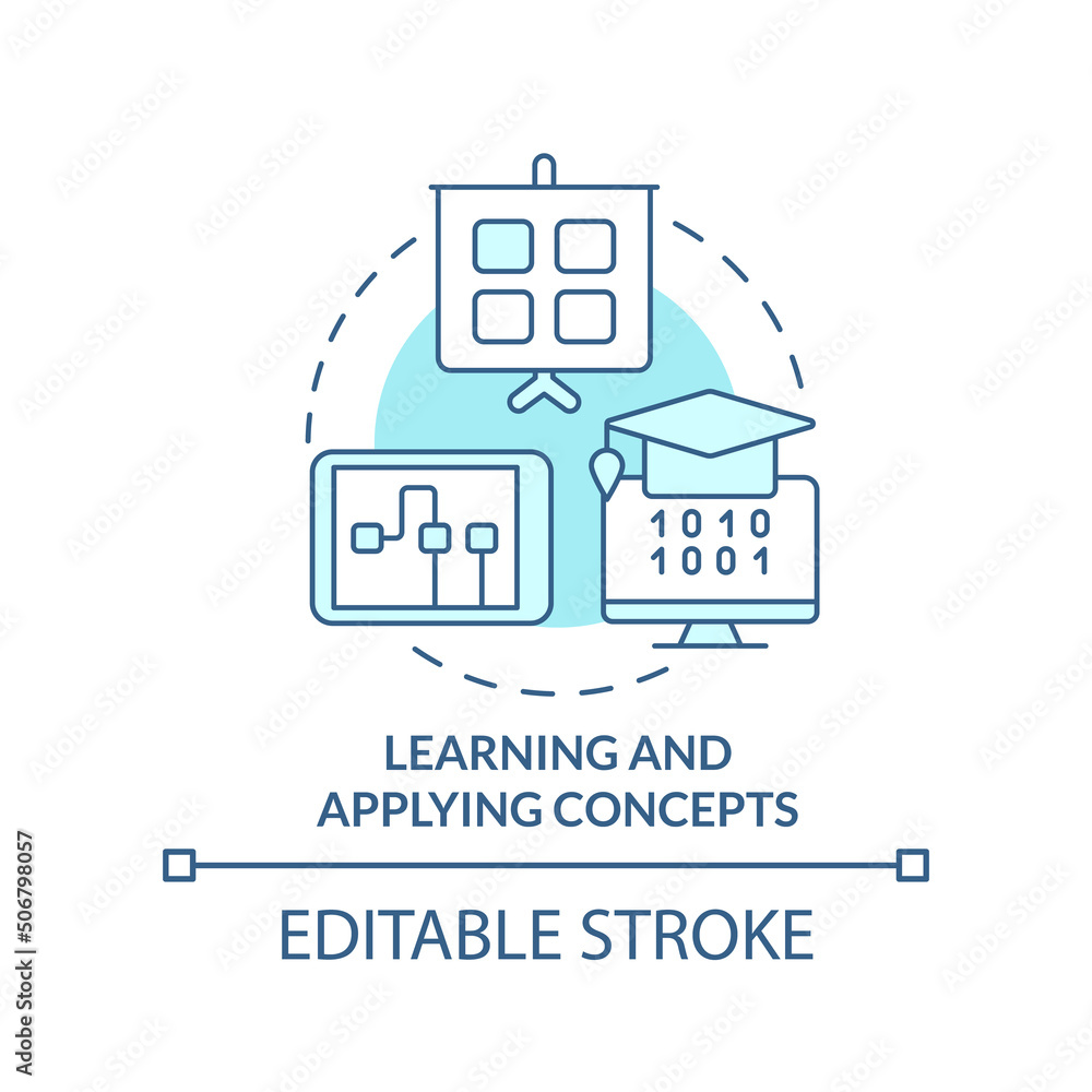 Learn and apply concepts turquoise concept icon. Programming skill abstract idea thin line illustration. Isolated outline drawing. Editable stroke. Arial, Myriad Pro-Bold fonts used Learn and apply concepts turquoise concept icon. Programming skill abstract idea thin line illustration. Isolated outline drawing. Editable stroke. Arial, Myriad Pro-Bold fonts used