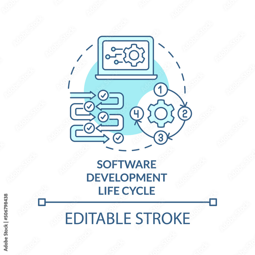 Software development life cycle turquoise concept icon. Programming skills abstract idea thin line illustration. Isolated outline drawing. Editable stroke. Arial, Myriad Pro-Bold fonts used