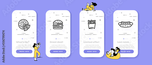 Junk food set icon. French fries, hamburger, sandwich, hot dog, pizza, fast. Eating concept. UI phone app screens with people. Vector line icon for Business and Advertising