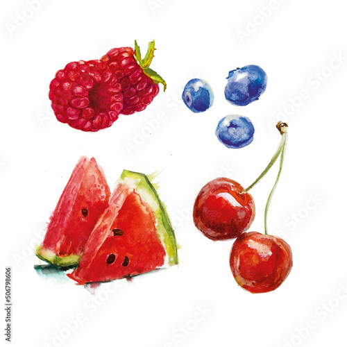 Fototapeta Naklejka Na Ścianę i Meble -  Summer juicy berries Watercolor set. Hand drawn fresh food design elements isolated on white background