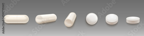 Tablou canvas White medical pills and capsules in different views