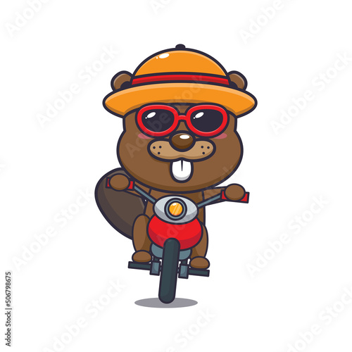 Cool beaver cartoon mascot character ride motocycle in summer day