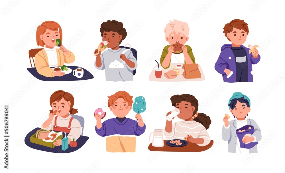 Kids eating healthy and unhealthy food, snacks. Children having meal, lunch. Boys and girls with lunchbox, dessert, sandwich. Childs nutrition. Flat vector illustration isolated on white background